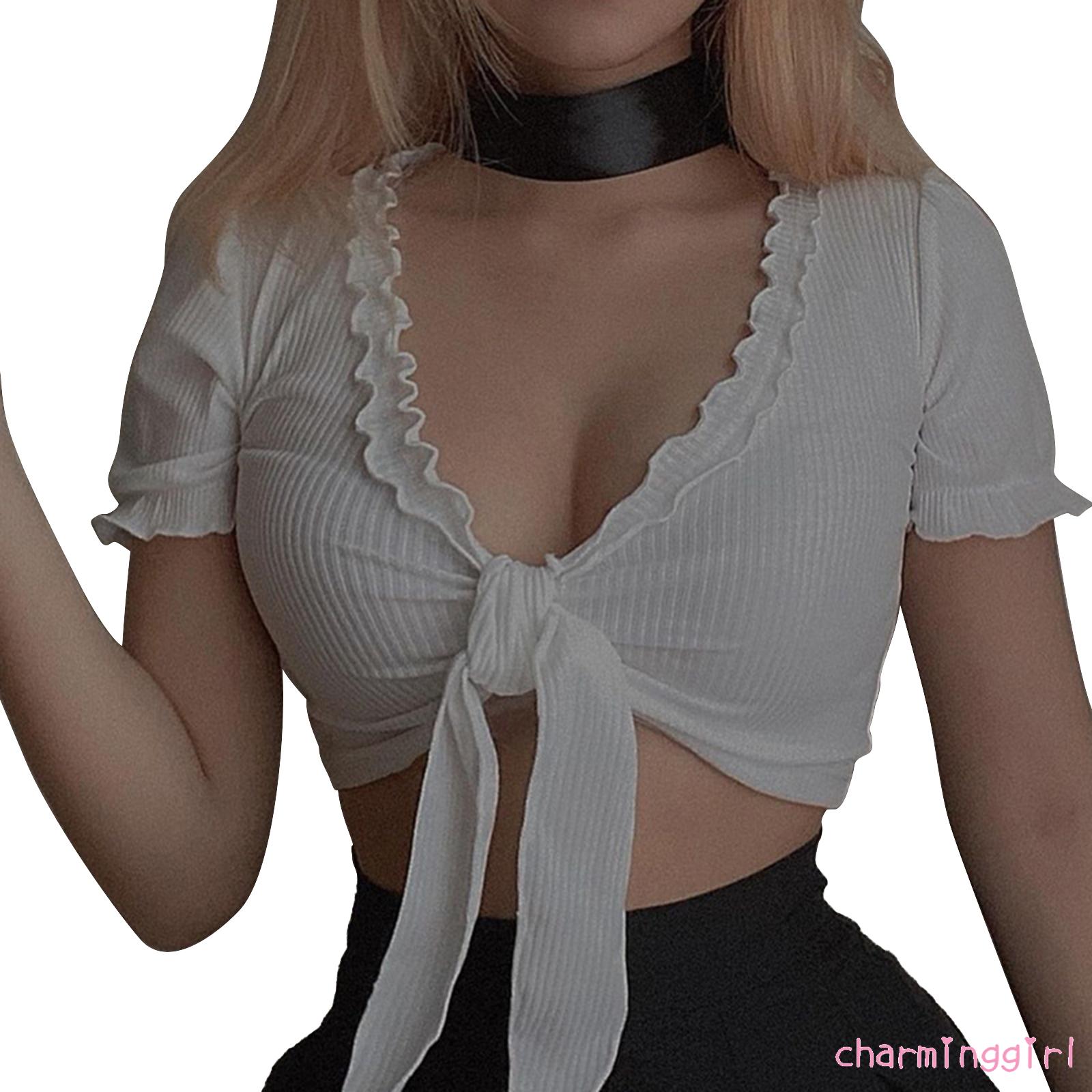 Áo thun croptop tay ngắn cổ chữ V sâu gợi cảm cột dây phía trước màu trơn dành cho bạn nữ | BigBuy360 - bigbuy360.vn