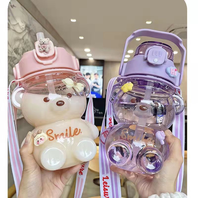 Bình nước 1 lít siêu cute có dây đeo nhiều màu bình nước cute có ống hút hình gấu B24