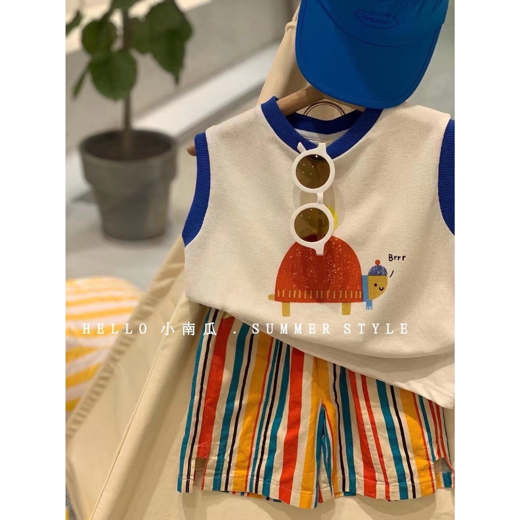 Set Áo Thun Tay Ngắn + Quần Short Kẻ Sọc Màu Sắc Tương Phản Phong Cách Hàn Quốc Thời Trang Cho Bé Từ 0-6 Tuổi
