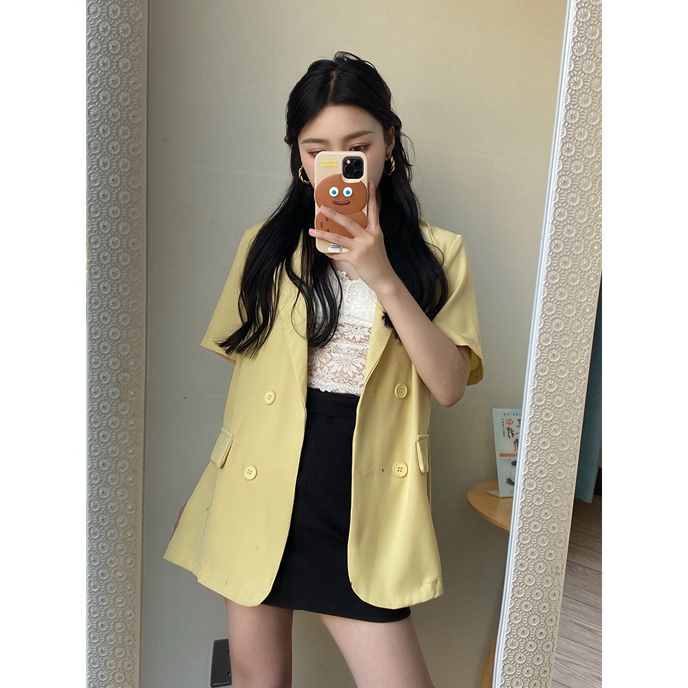 Xiaozhainv Áo khoác blazer tay ngắn form rộng màu trơn phong cách Hàn Quốc thanh lịch cho nữ | BigBuy360 - bigbuy360.vn