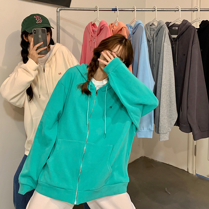 Áo Hoodie Dáng Rộng Phối Khóa Kéo Phong Cách Hàn Quốc Thời Trang Dành Cho Nữ