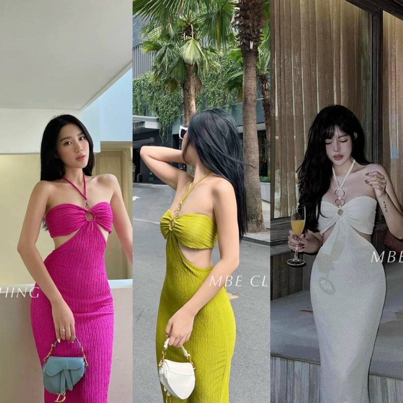 Có mút ngực Đầm Xương Cá Maxxi Body Yếm Khoen Ngực Khoét Eo Hở Lưng