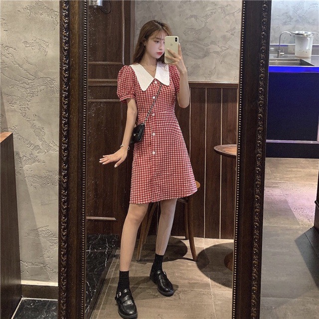 Váy Caro cổ bèo cúc chéo