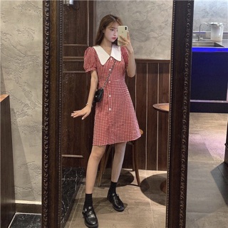Váy Caro cổ bèo cúc chéo