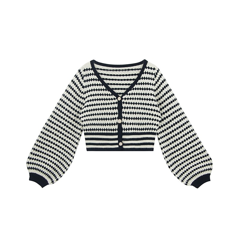 Áo Khoác Len Cổ Chữ V Họa Tiết Kẻ Sọc Phong Cách Retro Cho Nữ