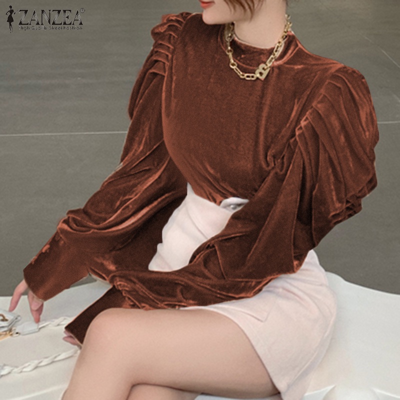 Áo kiểu ZANZEA vải nhung tay dài phồng nhún nếp phối khóa kéo sau thời trang cho nữ