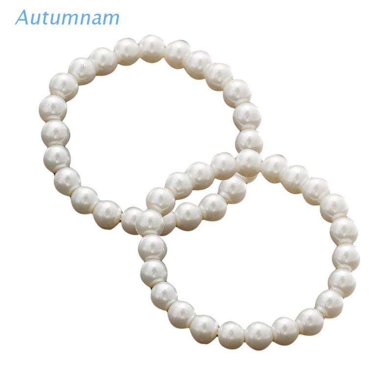 Set 2 vòng tay chuỗi hạt ngọc trai giả màu trắng co giãn cỡ 8mm phong cách retro thời trang cho nữ