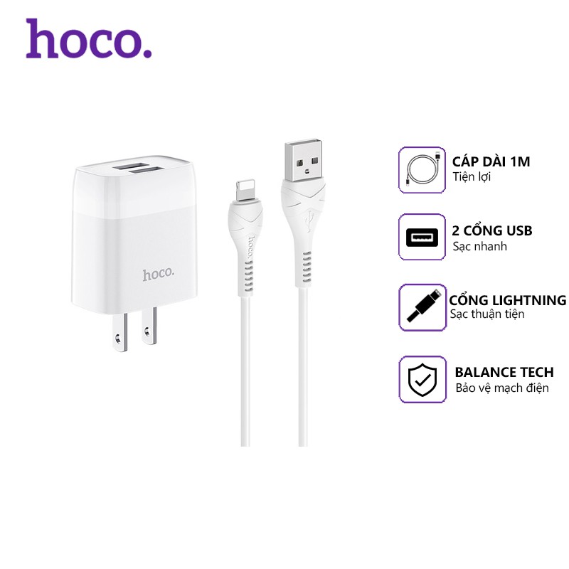 [Mã 2404EL10K giảm 10K đơn 20K] Bộ sạc nhanh Hoco C73 2 cổng USB 2.4A, dài 1m, cáp Lightning, tương thích thiết bị Apple