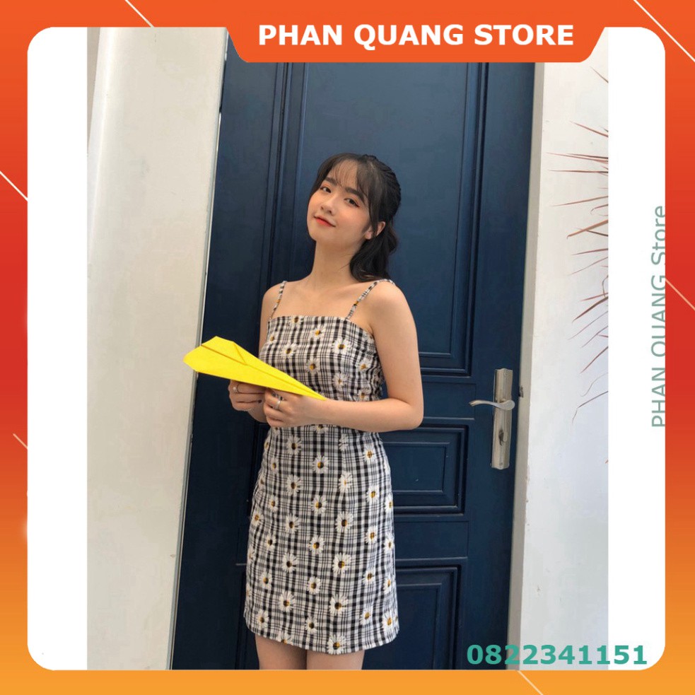 👗 VÁY 2 DÂY KẺ CARO DAISY KHÓA KÉO CHUN SAU QUẢNG CHÂU - VÁY CHỮ A SỌC HOA CÚC HOT PQ-Shop