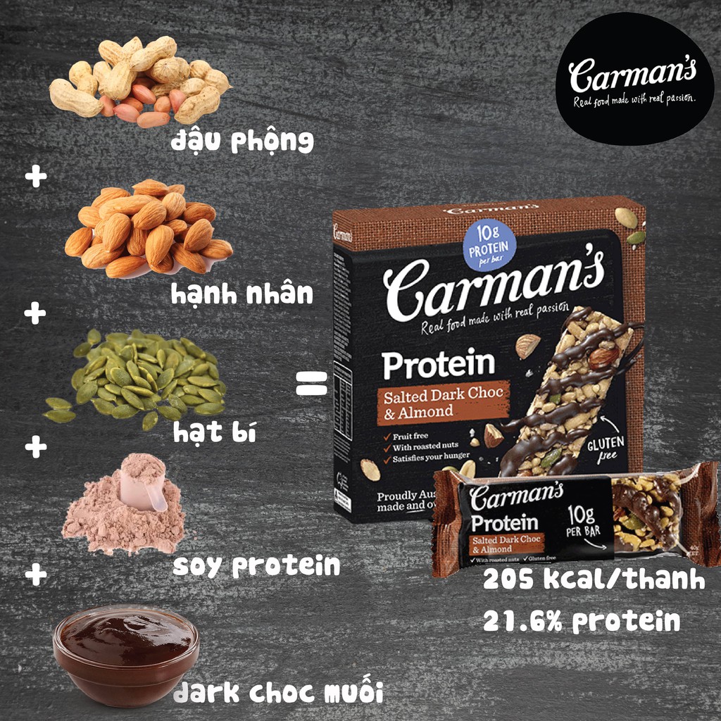 Thanh Giàu Đạm Carman's Protein Bar Salted Dark Choc &amp; Almond - Chocolate Đen Muối, Hạnh Nhân - 200g