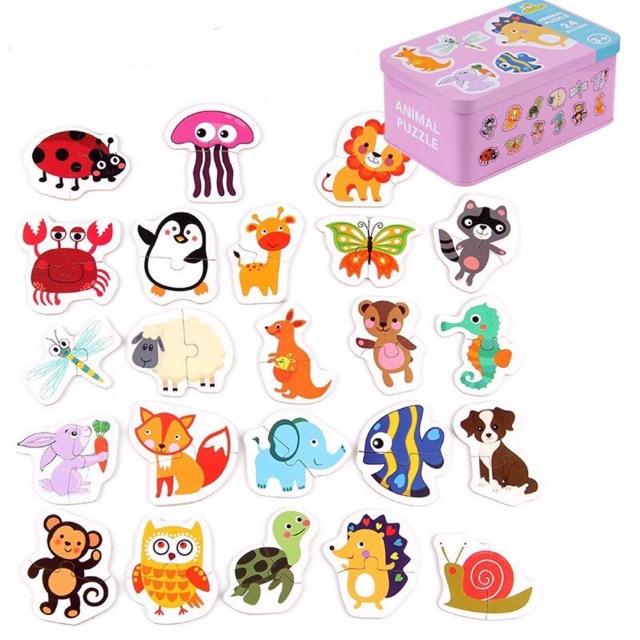 [Bộ xếp hình đầu tiên] Xếp hình puzzle 2 mảnh, hộp sắt cho bé 2 tuổi, mới tập chơi