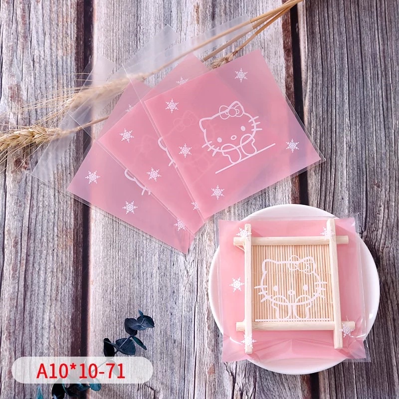 Set 10 túi kiếng đựng bánh cookie, quà tặng Kitty trắng có keo dán 10 x 10 cm