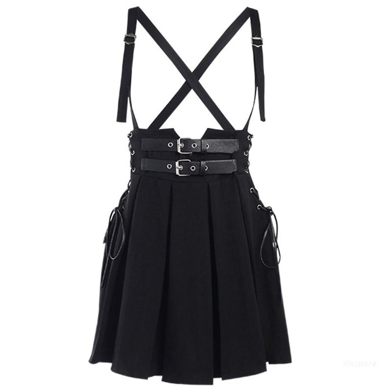 XIXI Chân váy lưng cao phối thắt lưng thiết kế xếp ly phong cách gothic