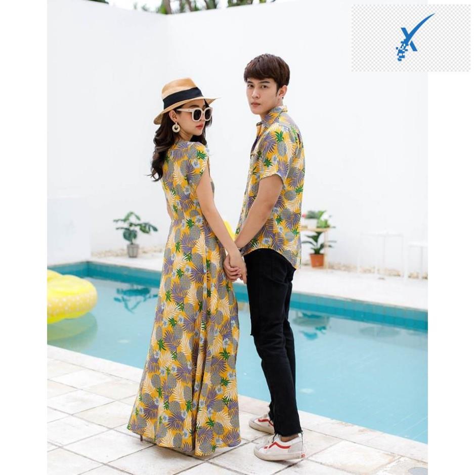 🌺✅ Đồ đôi đầm nữ maxi xẻ tà áo sơ mi nam tay ngắn đi biển họa tiết hoa lá màu vàng AV44 - đồ đôi nam nữ YAME Couple 🌺✅