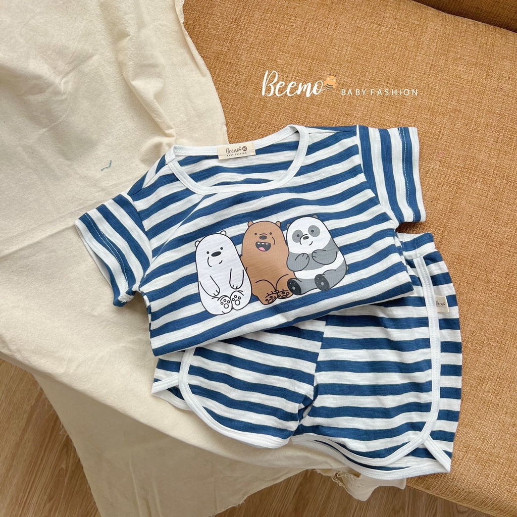 Bộ cotton unisex cho bé hoạ tiết gấu, bộ thun cộc tay mềm mát quần đùi Beemo