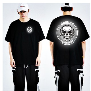 Áo Thun, Áo Thun Tay Lỡ Phom Rộng Unisex, In Hình Đầu Lâu Gameming, In Decal Phản Quang Siêu Đẹp, Chất lừ
