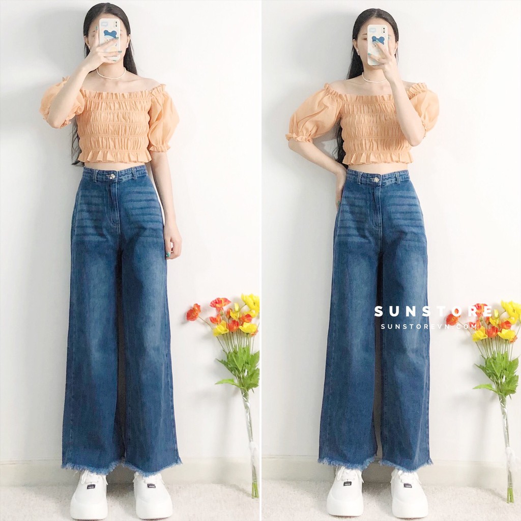 Quần jeans ống rộng lai tua rua xanh đậm