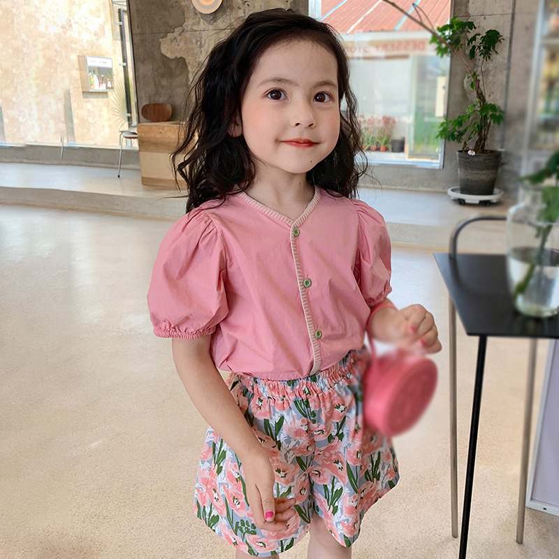 Set Áo Sơ Mi Tay Ngắn Phồng Phối Quần Short In Hoa Phong Cách Hàn Quốc Thời Trang Mùa Hè Cho Bé Gái