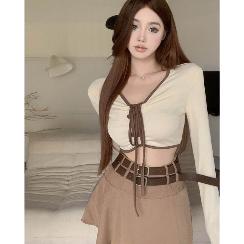 Bộ Áo Thun Tay Dài Dáng Ôm + Chân Váy Chữ A Eo Cao Quyến Rũ Trẻ Trung Cho Bạn