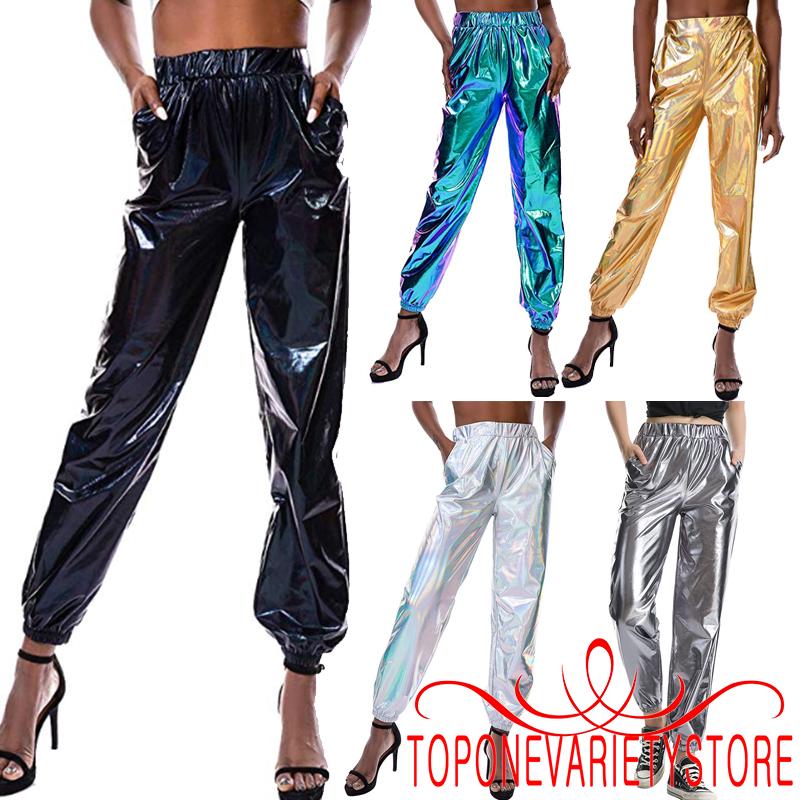 Quần jogger lưng cao thiết kế màu Holographic phong cách hiphop thời trang cho nữ