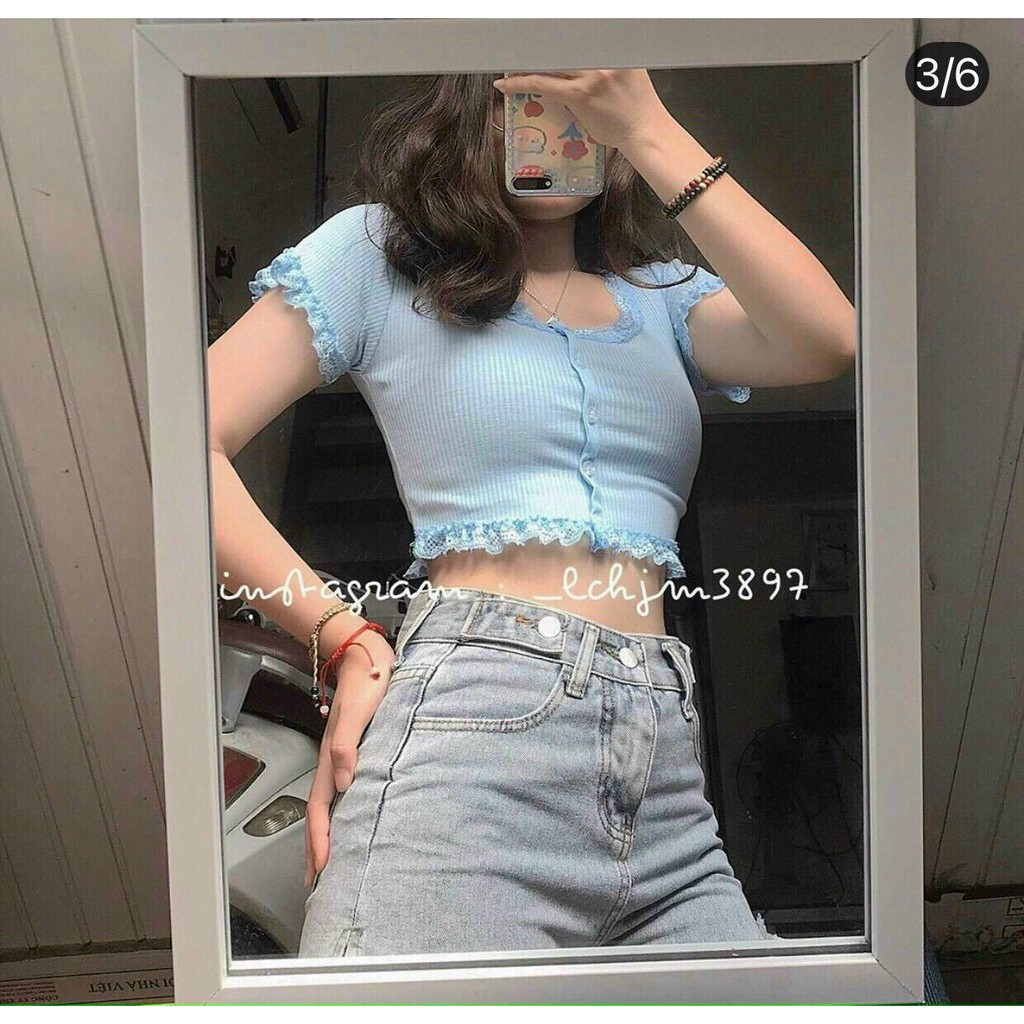 Áo croptop cổ vuông, viền ren form ôm cực đẹp🌸🍓🌸vải mỏng sang chảnh, mặc sáng da