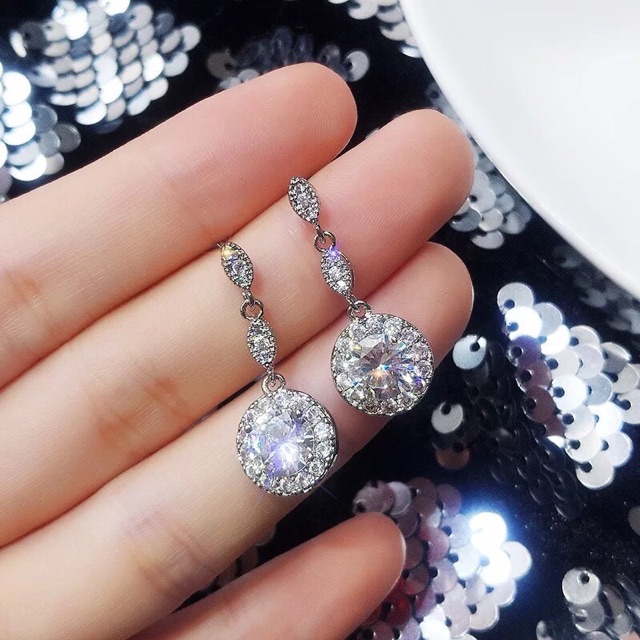 Khuyên tai treo đá nhân tạo viền tròn bạc thật xi kim