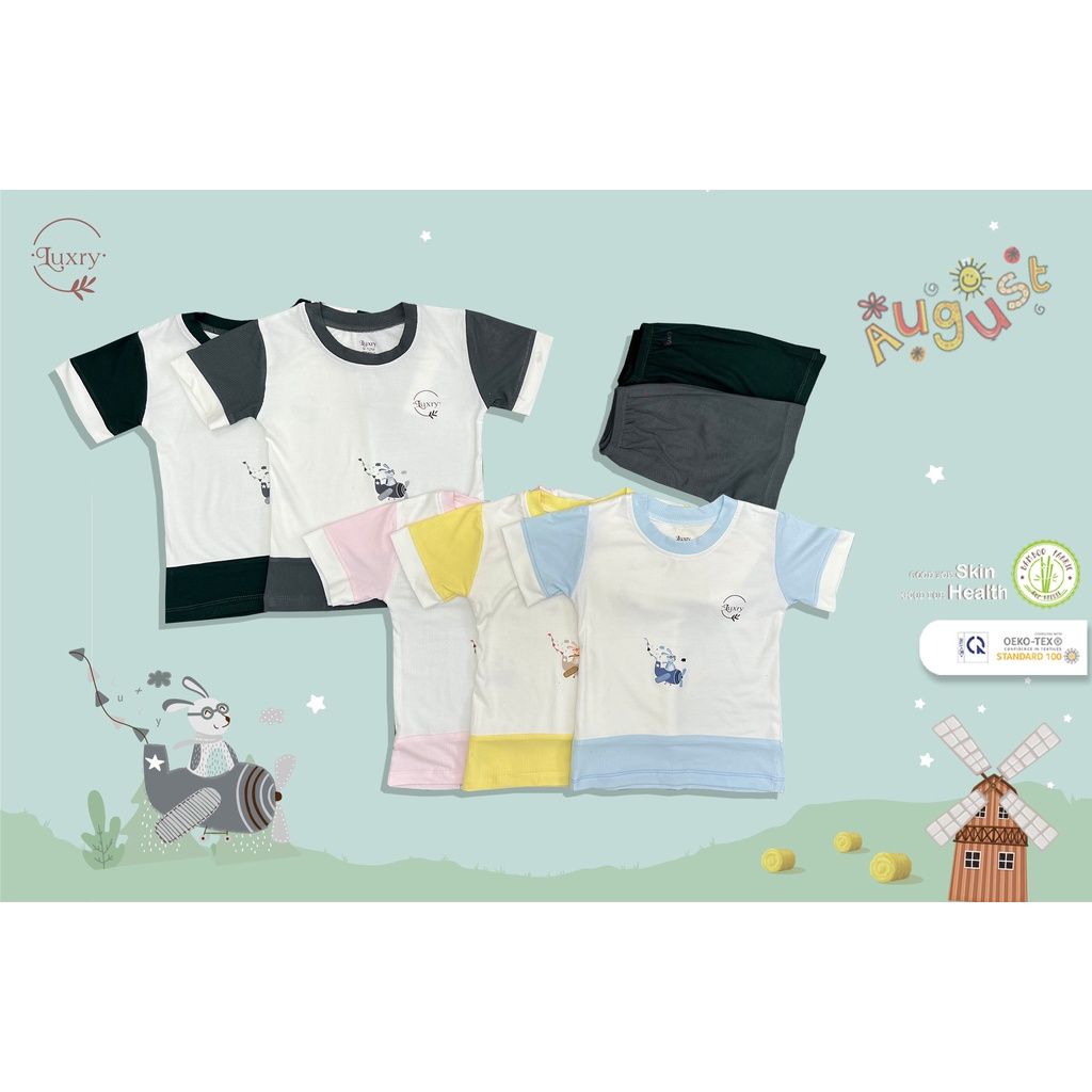 Bộ quần áo cộc tay cổ tròn vải sợi tre gân tăm gấu đáng yêu Luxry phối màu cho bé từ 9 tháng đến 6 tuổi