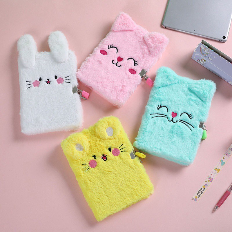 Sổ tay nhật ký thiết kế hình mèo nhồi bông hoạt hình có khóa mật khẩu dễ thương