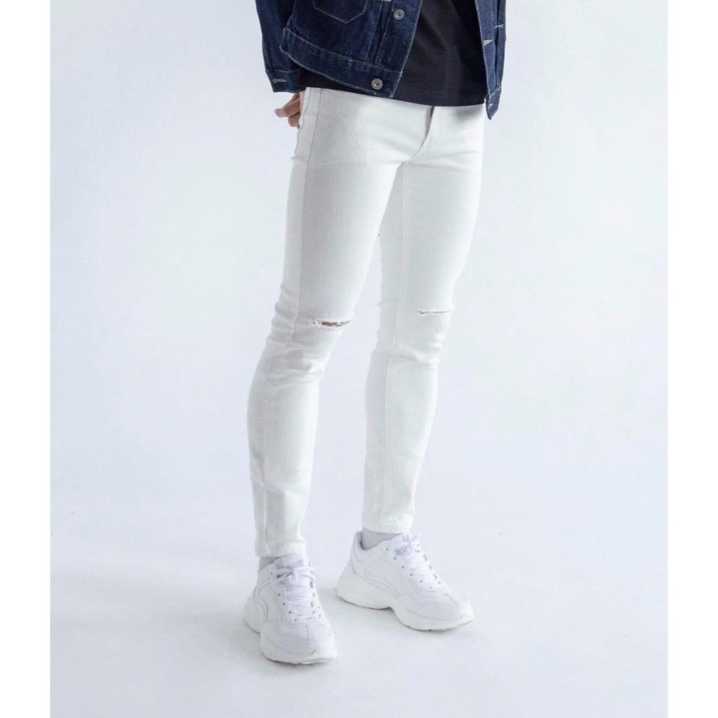 Quần Jean rách gối trắng đen vải dày dặn co giãn thoải mái quần jean nam đẹp cá tính( Shop bán Chân Thành Uy Tín) !