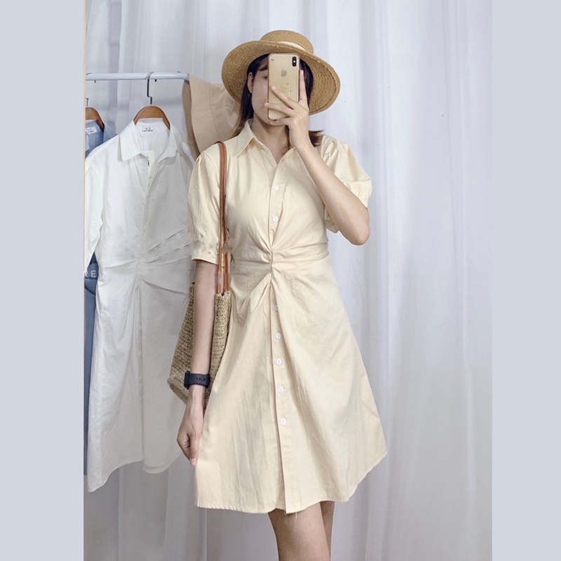 Váy trắng body cổ sơ mi ngắn chiết chun eo ulzzang bo tay cộc cúc dọc , Đầm thiết kế dự tiệc dáng dài | BigBuy360 - bigbuy360.vn