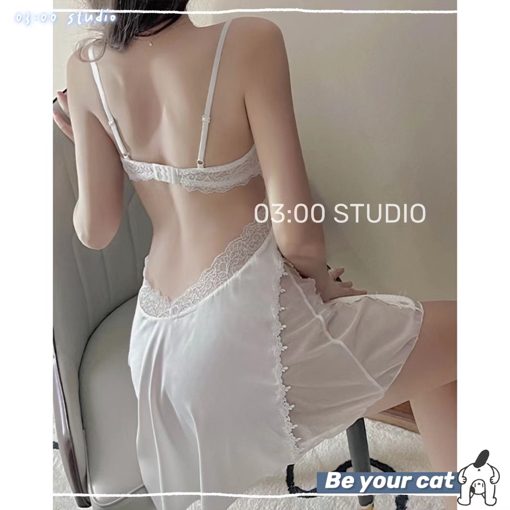 （Giao hàng bảo mật)🖤Váy ngủ sexy🖤Có mút+có gọng🖤gom ngực tạo khe🖤2 dây gợi cảm kèm quần lót lọt khe màu trắng+đen--040 | BigBuy360 - bigbuy360.vn