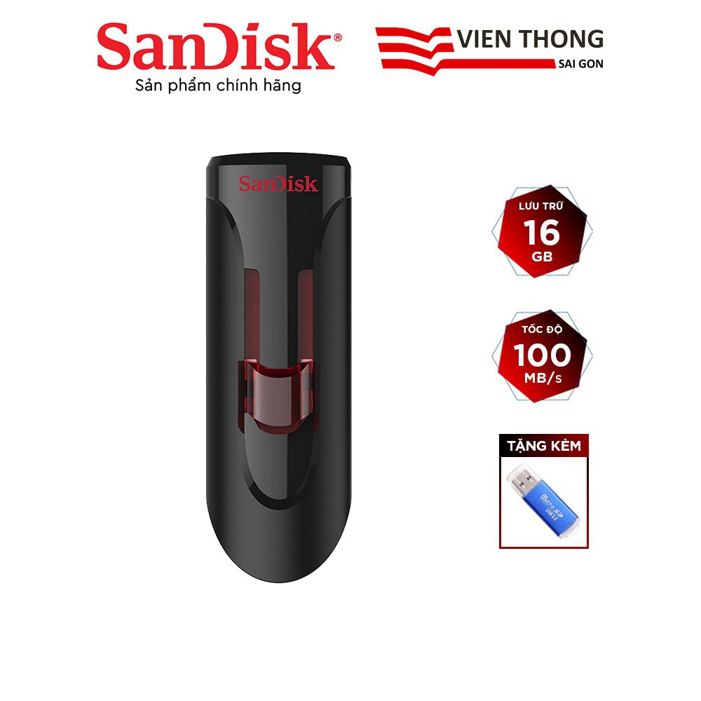 Nơi○☌▣USB 3.0 SanDisk CZ600 16GB Cruzer Glide tặng đầu đọc thẻ - Hãng phân phối chính thức