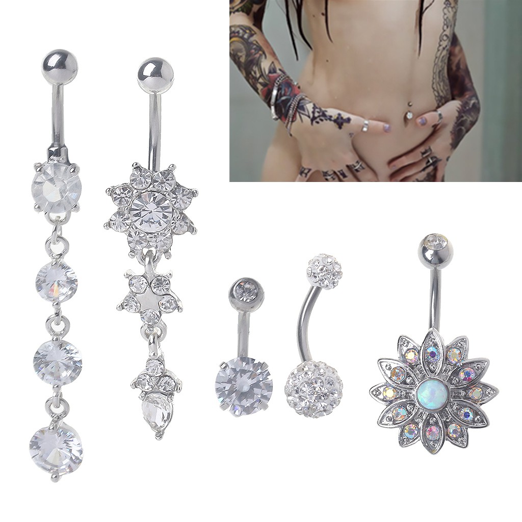 Khuyên rốn dạng thanh dài đính đá bằng thép không gỉ