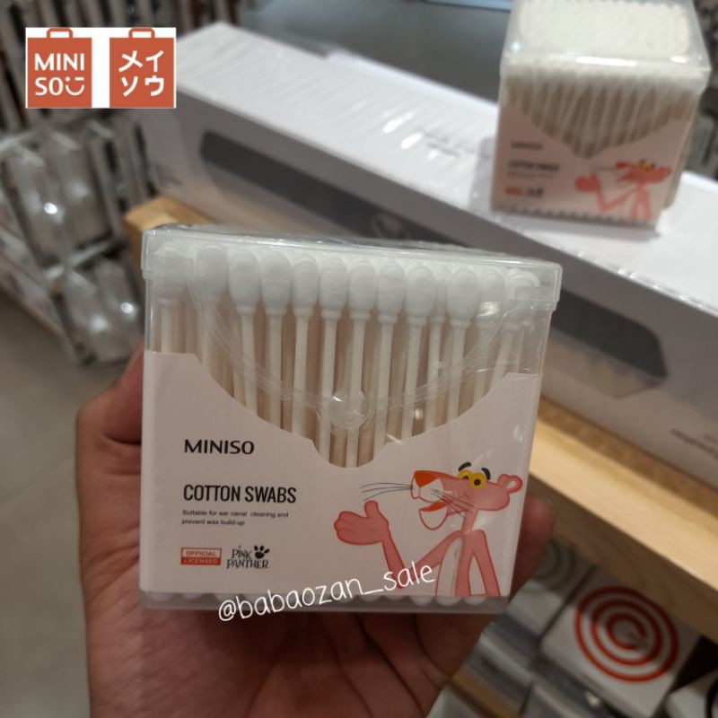 Miniso Hộp 180 Tăm Bông Cotton Hình Báo Hồng Xinh Xắn