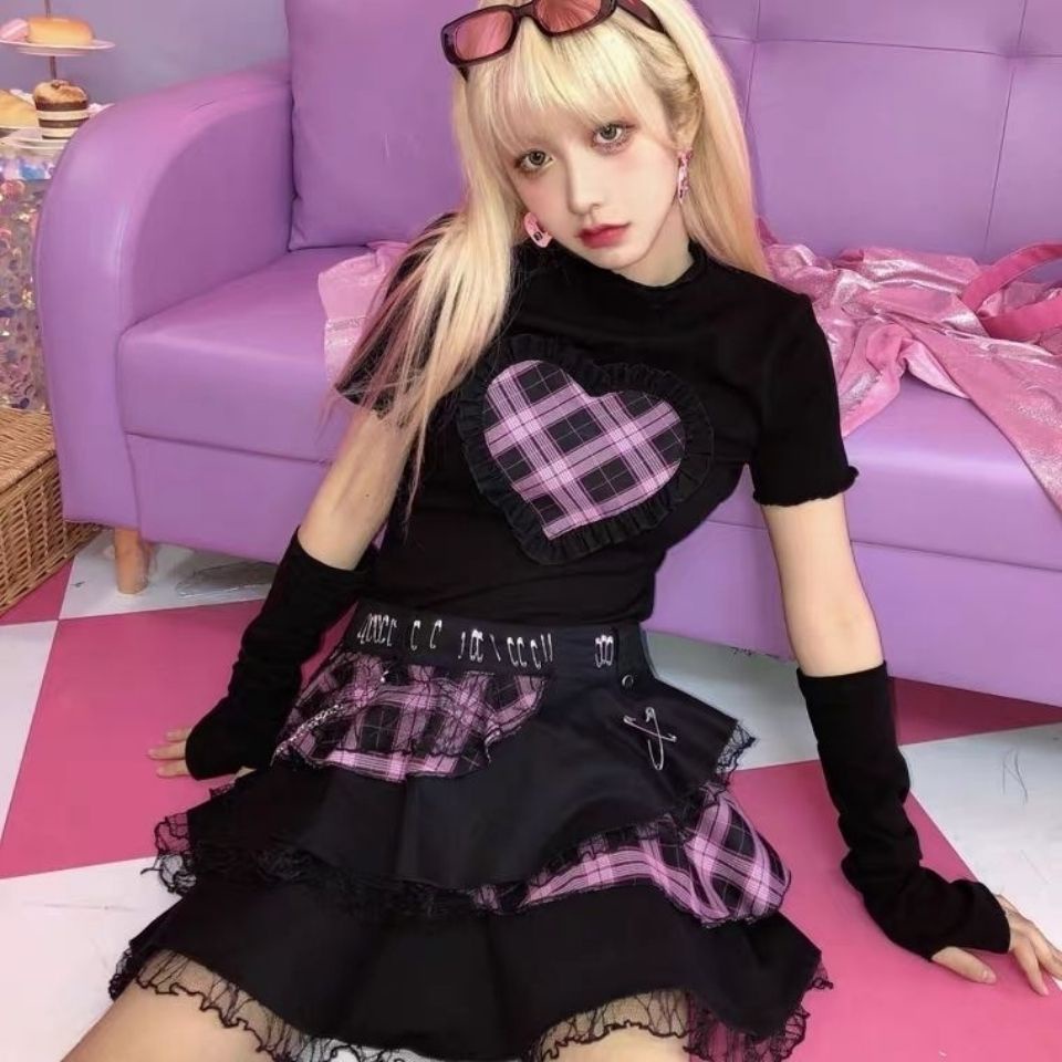 Áo Thun Cotton Tay Ngắn Dáng Ôm Phối Ren Họa Tiết Sọc Hồng Y2K Y2K Phong Cách Punk Cho Nữ