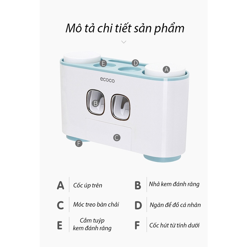 Bộ Nhả Kem Đánh Răng ECOCO E1802 - Kiêm Đựng Bàn Chải - Kèm 4 Cốc - Giao Màu Ngẫu Nhiên - Hàng Cao Cấp