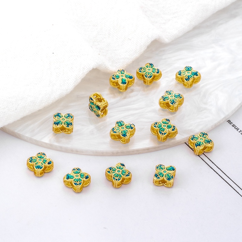 Hạt Xỏ Vòng Tay/Dây Chuyền Thủ Công Bốn Lỗ Màu Vàng Đồng 18k Mặt Nhám Hình Cỏ Bốn Lá diy