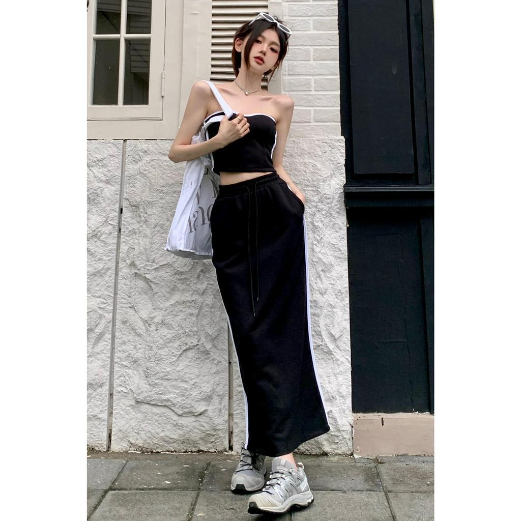 Lalisas Set Áo Kiểu Hở Vai Không Dây + Chân Váy Dây Rút Lưng Thun Dài Cá Tính Ngọt Ngào Cho Nữ (Đặt Hàng Riêng Biệt)