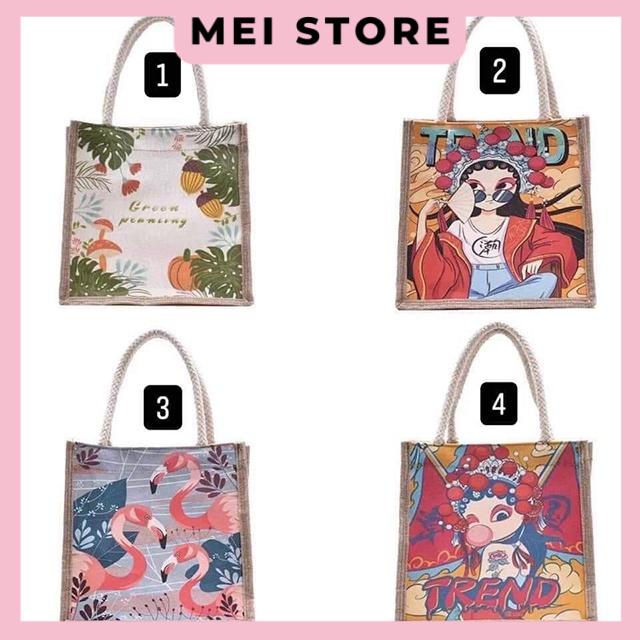 Túi Cói Mini Phong Cách VINTAGE In Hình Thời Trang, Đi Biển, Có Khoá Kéo