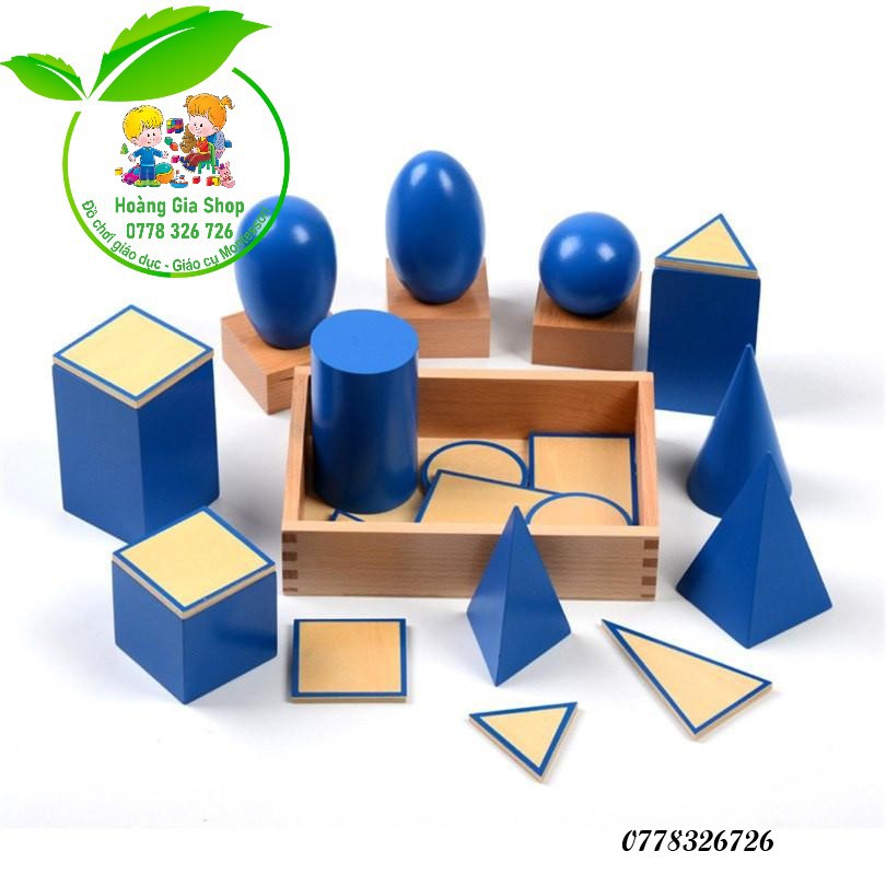 Hộp khối hình học màu xanh kèm đế (Geometric Solids with Stand, Bases, and Box)