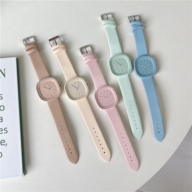 Đồng Hồ Đeo Tay Màu Pastel Mặt Vuông Dây Da Thời Trang Cho Nữ Phong Cách Hàn Quốc