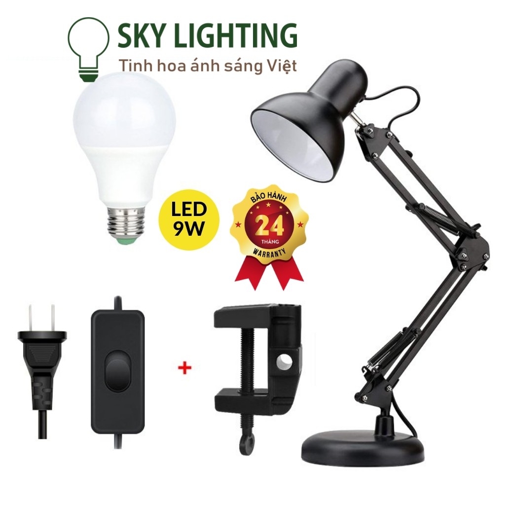 Đèn kẹp bàn pixar kèm đế tròn đa năng 2 trong1 tặng bóng led 9w ánh sáng trắng hoặc vàng