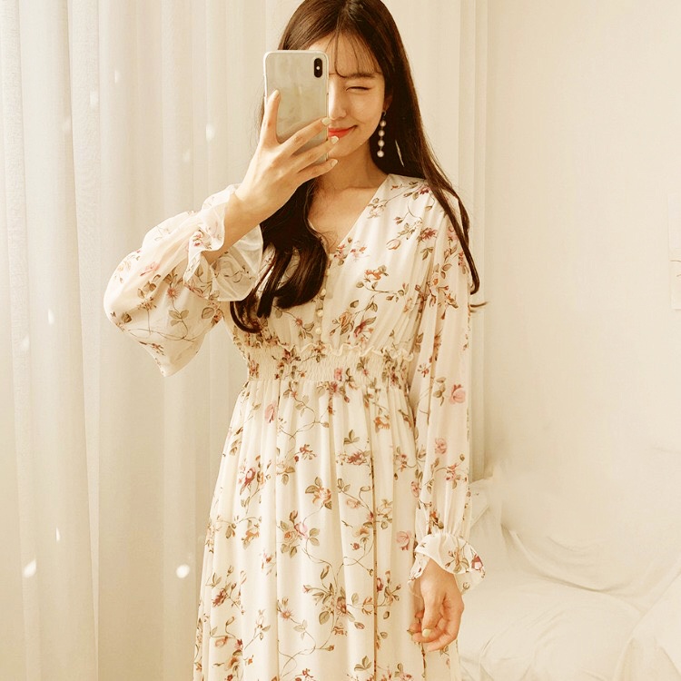 Váy hoa nhí babydoll thiết kế ulzzang body dáng dài cúc bọc , Đầm nữ vintage tay dài Hivano Fashion Week