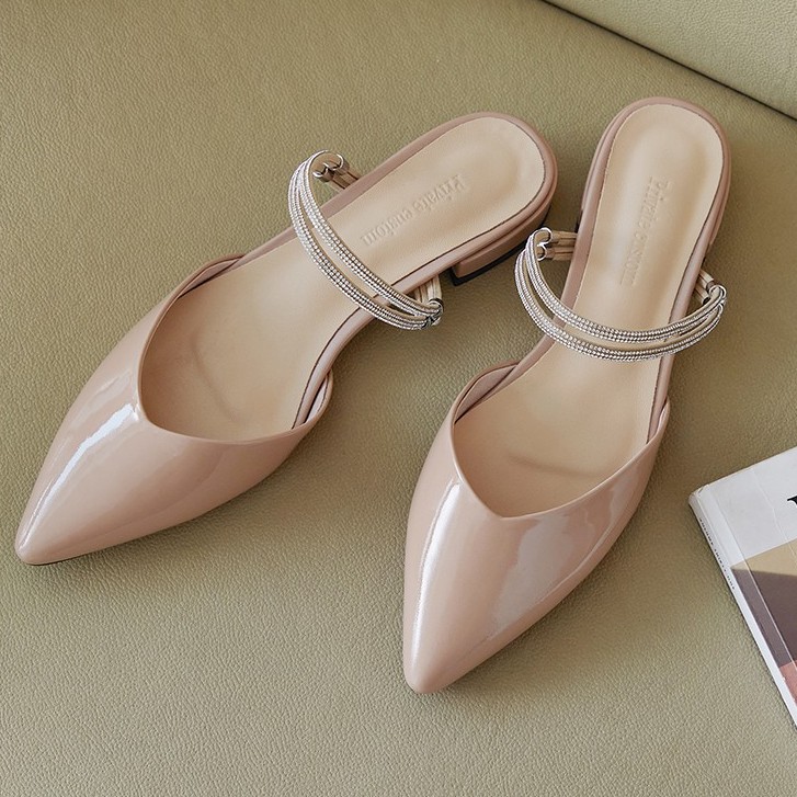 Giày cao gót  thời trang mũi nhọn phối dây hở gót cao 2cm màu kem hồng size lớn 40 41 42 43 44