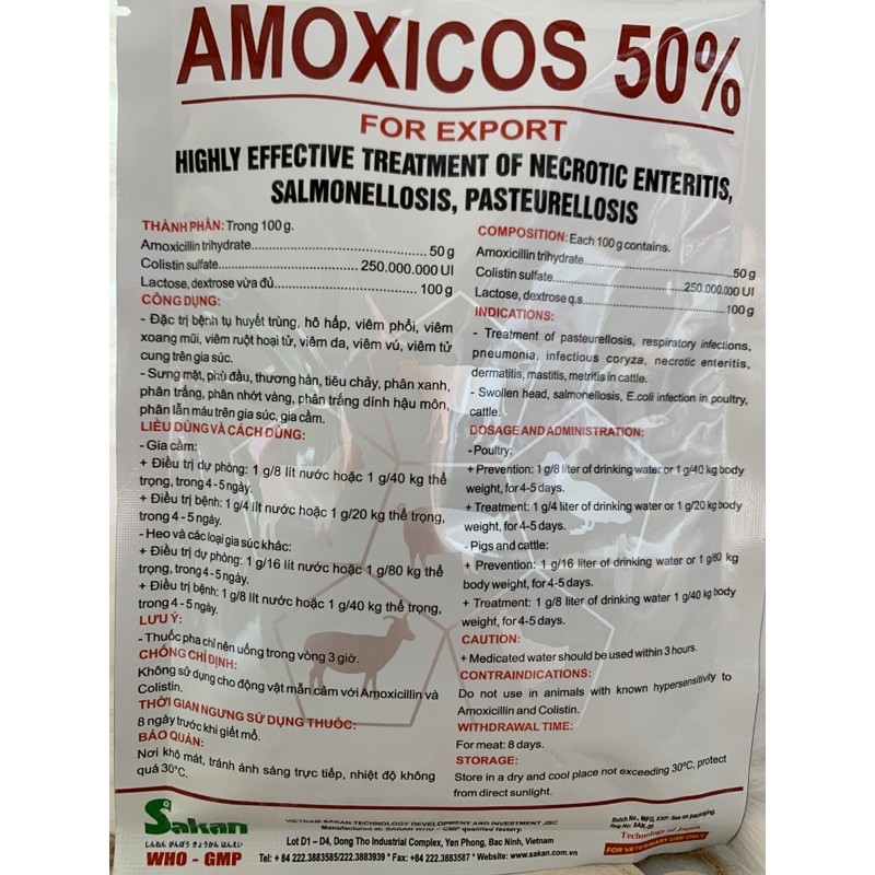100g AMOX COLI 50% - viêm ruột, thương hàn, tụ huyết trùng trên gà, vịt, ngan, cút, ngỗng, heo, trâu, bò