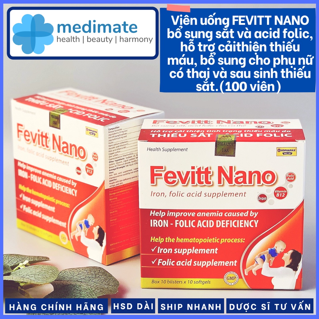 Viên uống FEVITT NANO bổ sung sắt và acid folic (Hộp 100 viên)
