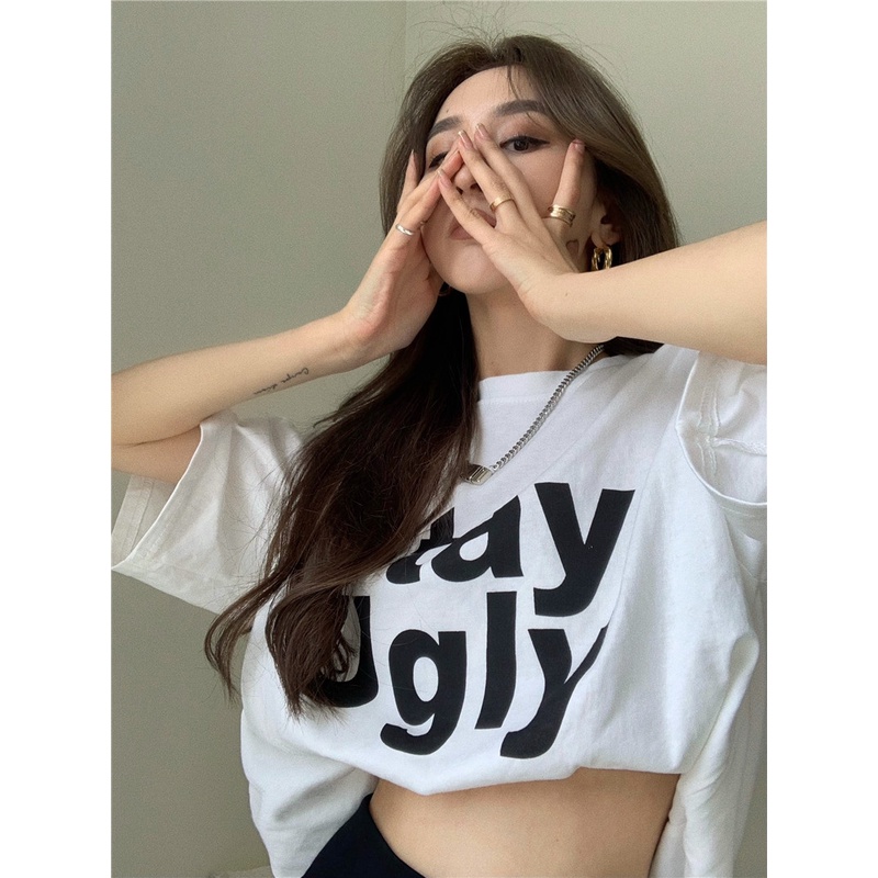 Áo Thun Nữ Ngắn Tay Cổ Tròn In Chữ Thời Trang Hàn Quốc