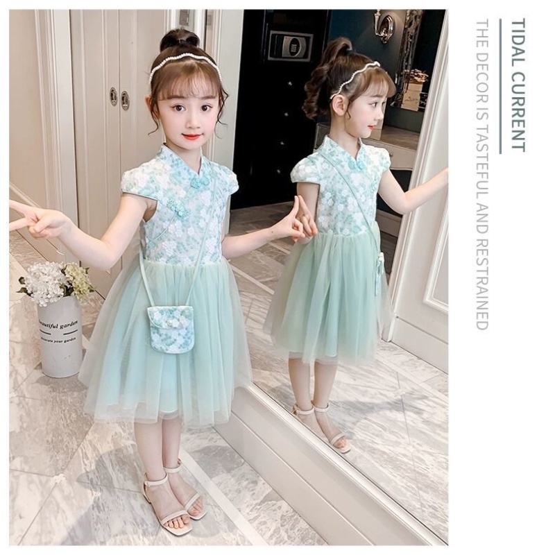 Đầm Sườn Xám Công Chúa Phối Lưới Thời Trang Mùa Hè Cho Bé Gái