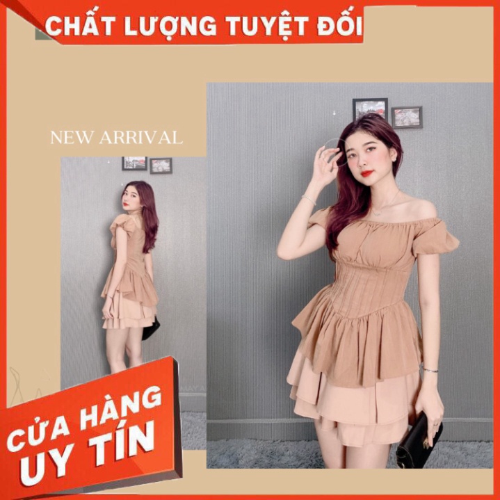 Set Áo Trễ Vai Tay Bồng Cúp Ngực Phối Chân Váy Xòe Xếp Ly 3 Tầng Màu Nu - SIÊU HOT | BigBuy360 - bigbuy360.vn