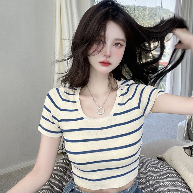 Áo Croptop Dệt Kim Tay Ngắn Cổ Tròn Thời Trang Mùa Hè Cho Nữ